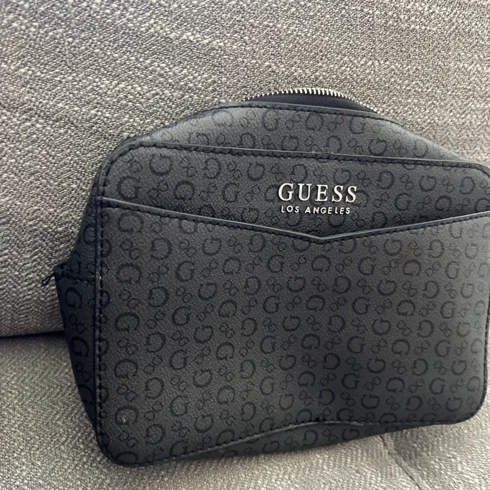 GUESS Los Angeles Black Monogram Logo Cosmetic Bag / Wristlet Clutch